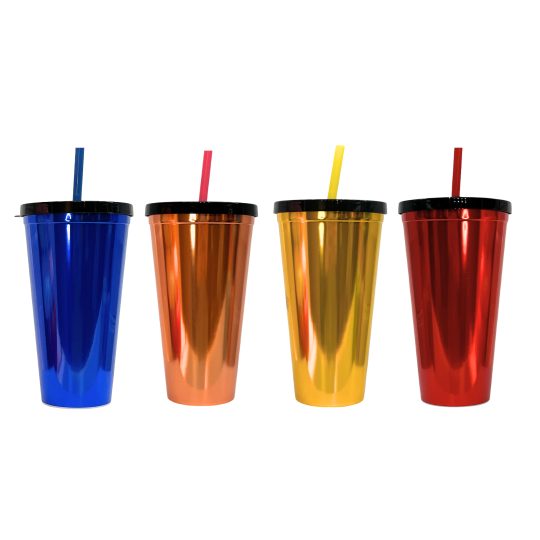 Vaso Plástico Metalizado Con Sorbito y Tapa