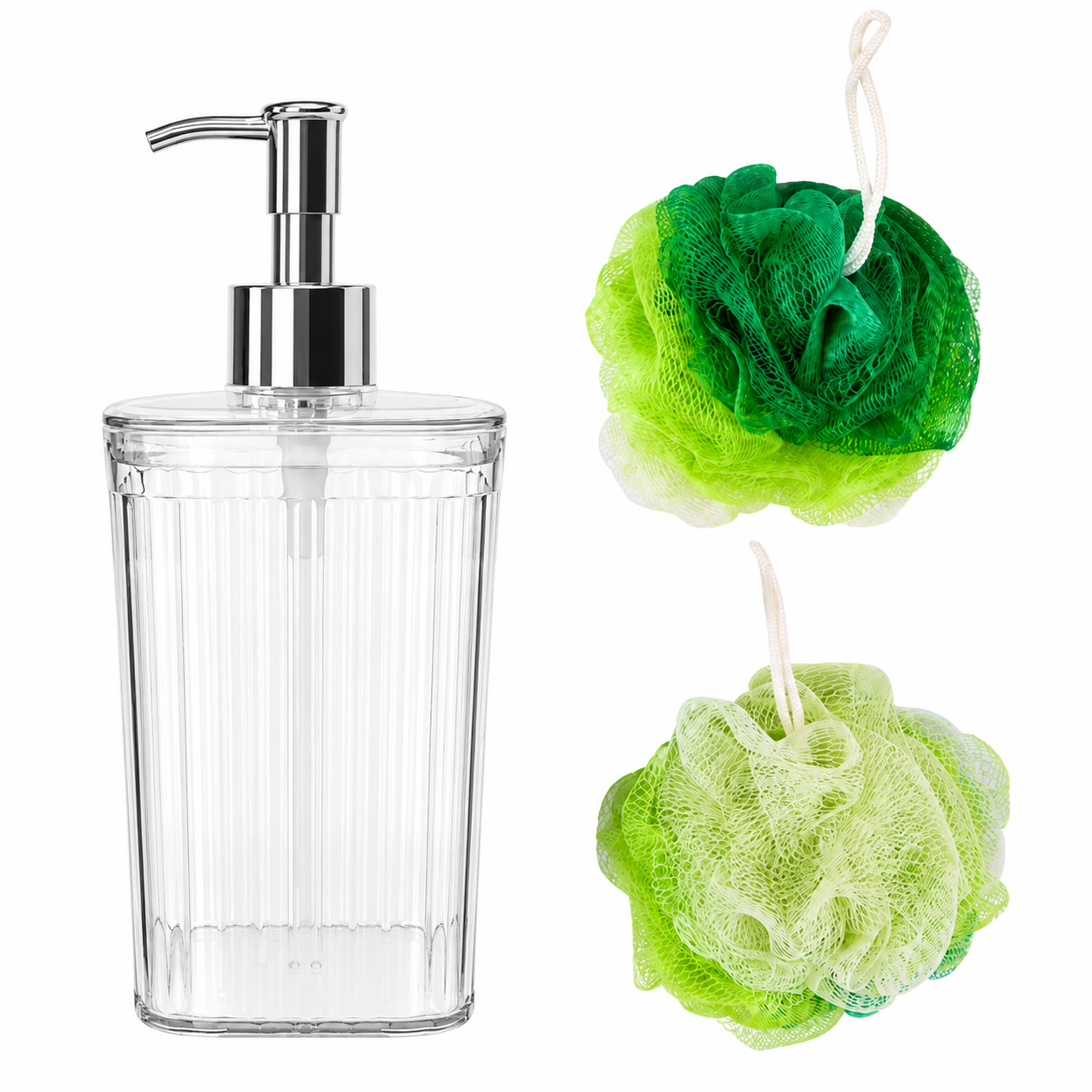 Set De Dispensador de Jabón Acrílico Con Esponjas Exfoliantes