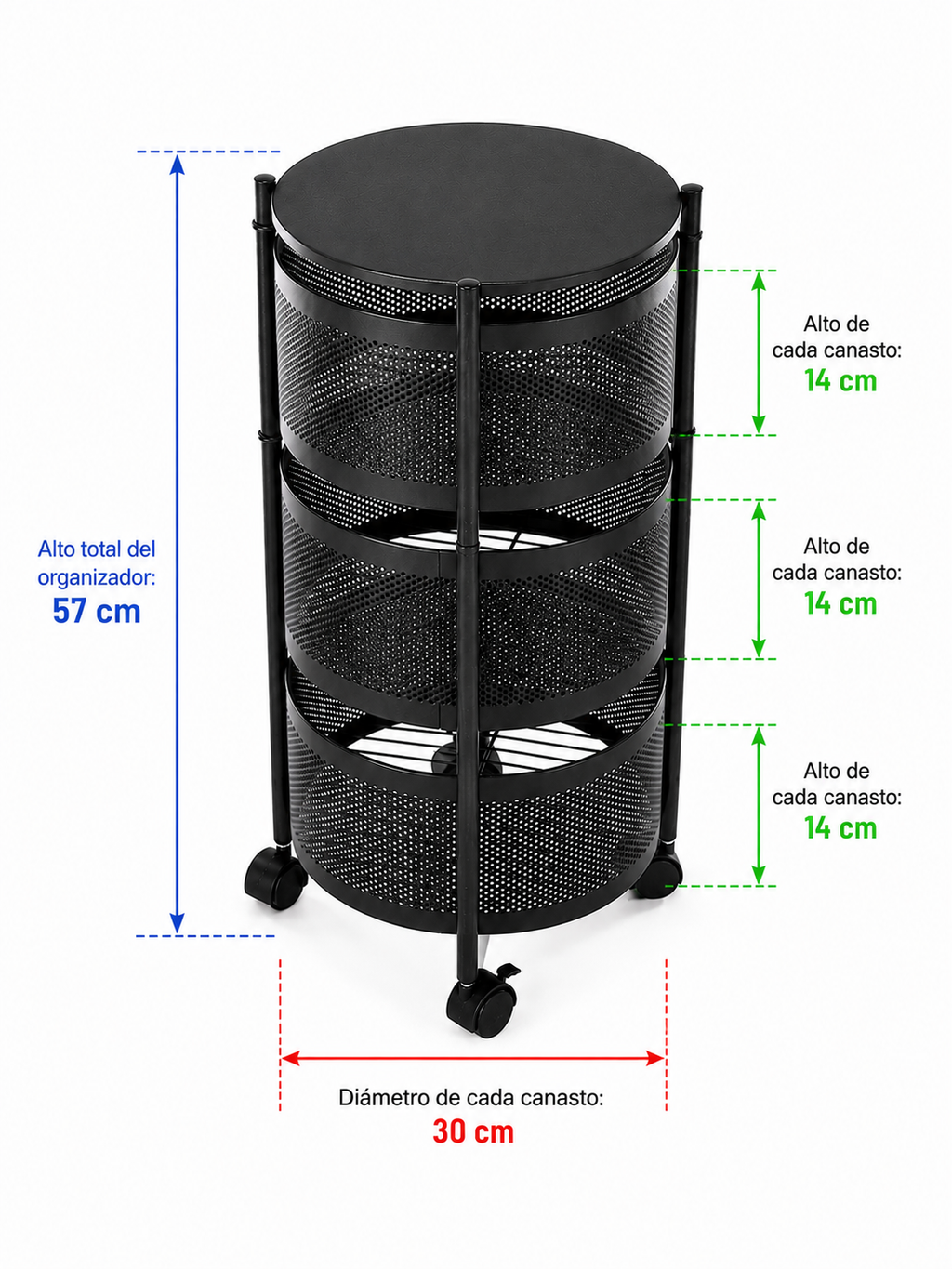 Carrito De Almacenamiento Metálico de 3 Niveles Circulares